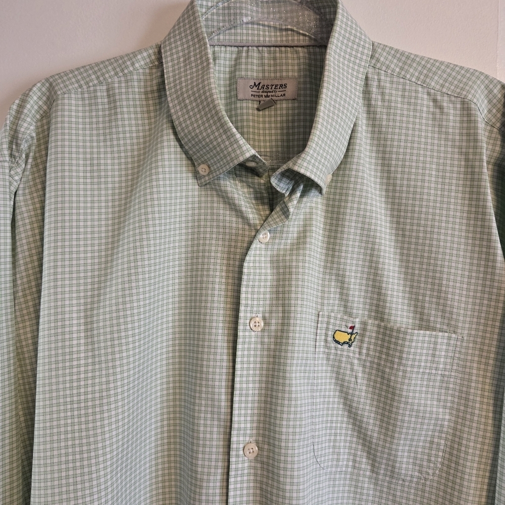 PETER MILLAR MASTERS Golf Mens Button Front Dress Shirt Green/White Check XXL - Picture 2 of 6
